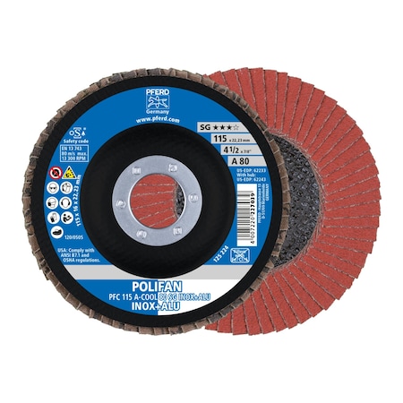 Pferd 4-1/2" x 7/8" A.H. POLIFAN Flap Disc - A-COOL SG INOX+ALU, Aluminum oxide, 80 Grit, Conical 62233